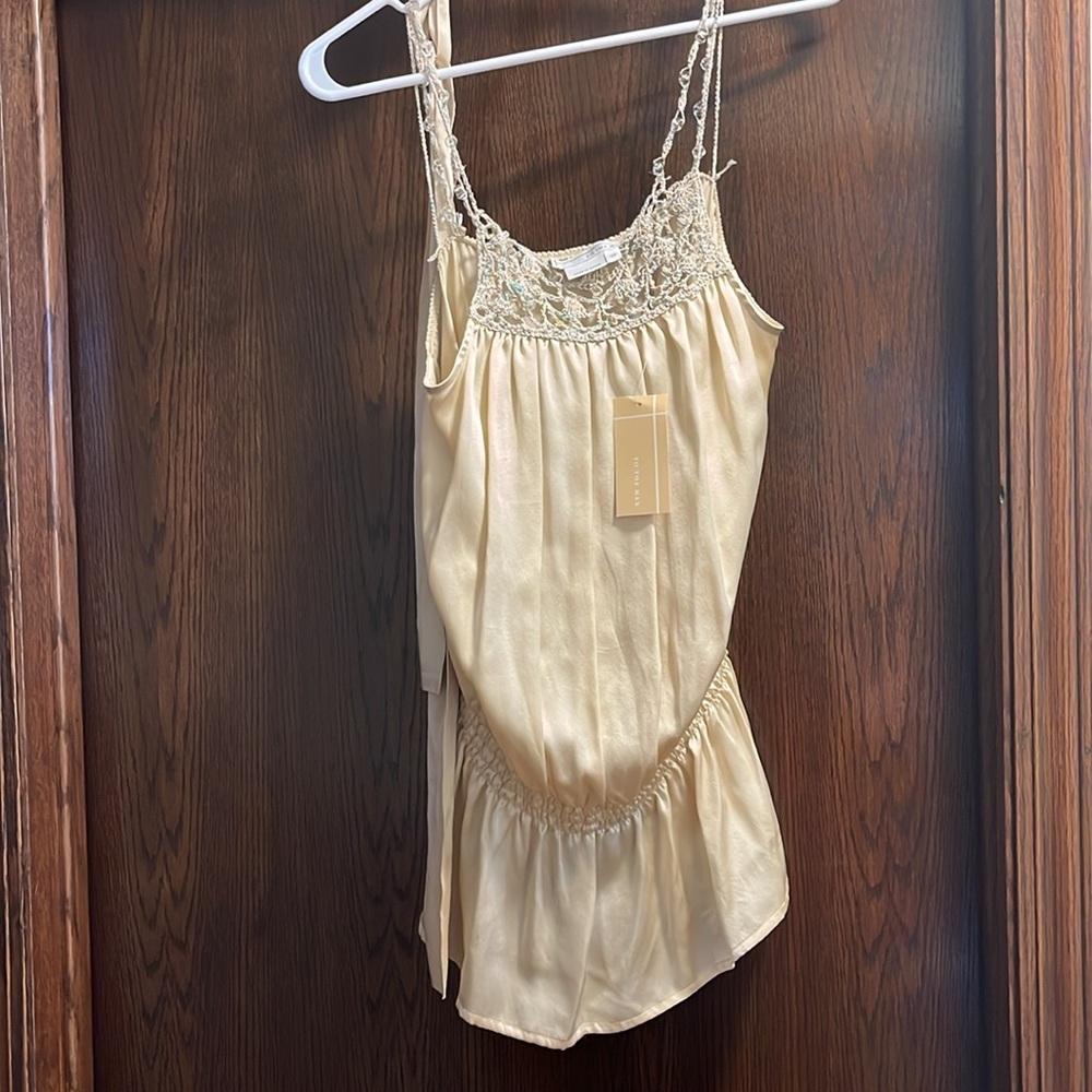 To the Max-tank blouse/tie waist/beige silk beaded rope straps/front. W size 10. - Picture 9 of 10